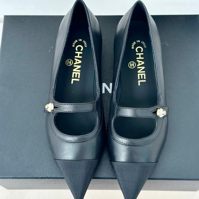 Double C Milan Runway Pointed Toe Mary Jane Shoes Black Lambskin