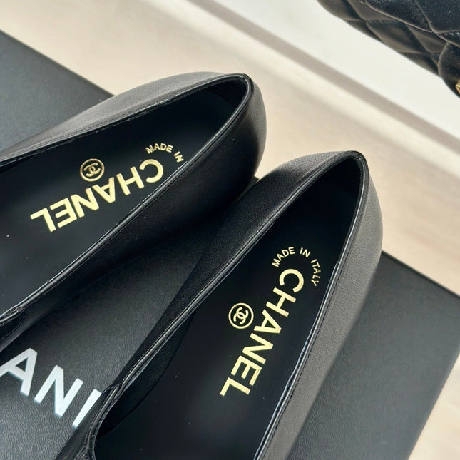Double C Milan Runway Pointed Toe Mary Jane Shoes Black Lambskin