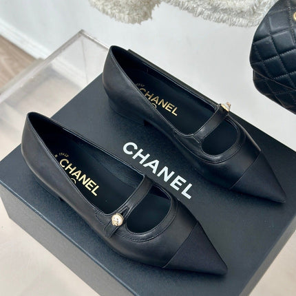 Double C Milan Runway Pointed Toe Mary Jane Shoes Black Lambskin