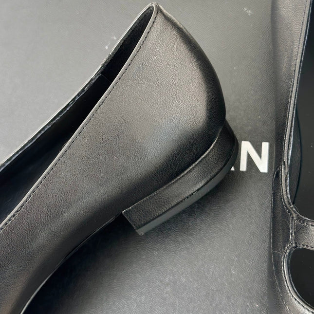 Double C Milan Runway Pointed Toe Mary Jane Shoes Black Lambskin