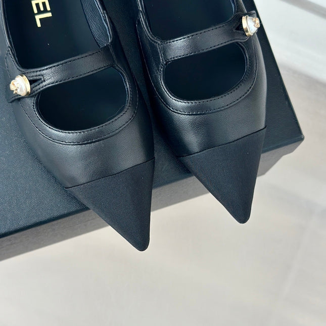 Double C Milan Runway Pointed Toe Mary Jane Shoes Black Lambskin