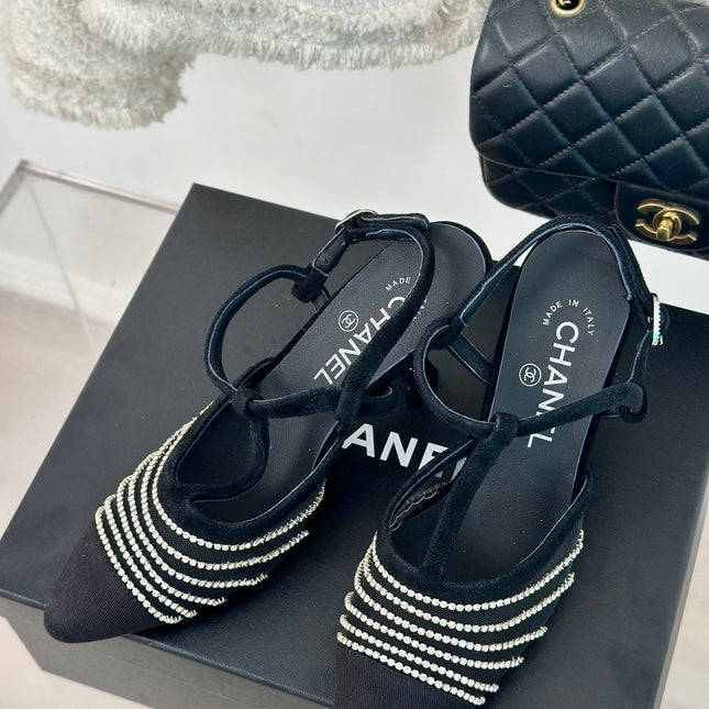 Crystal Flat High Heel Sandals Black