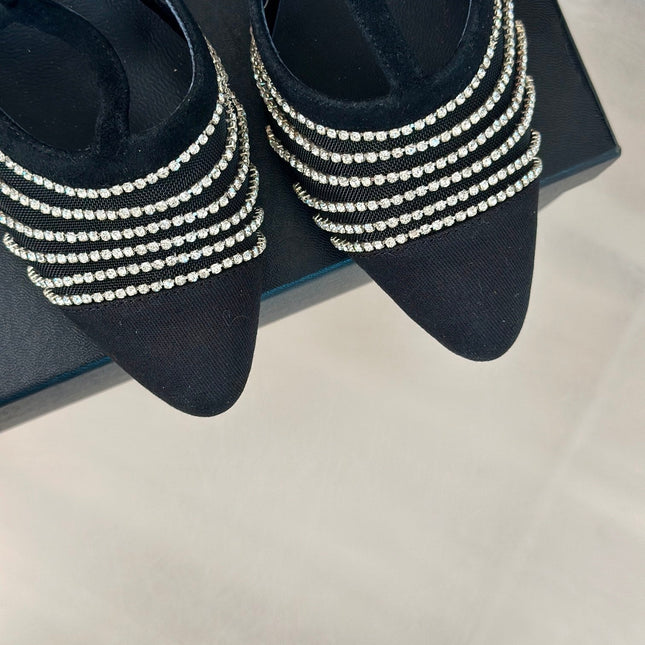 Crystal Flat High Heel Sandals Black