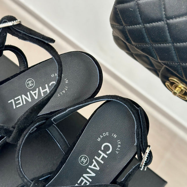 Crystal Flat High Heel Sandals Black