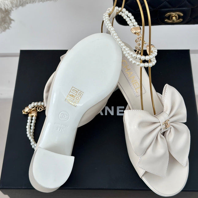 Double C Big Bow Pearl Chain High Sandals White Lambskin