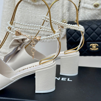 Double C Big Bow Pearl Chain High Sandals White Lambskin