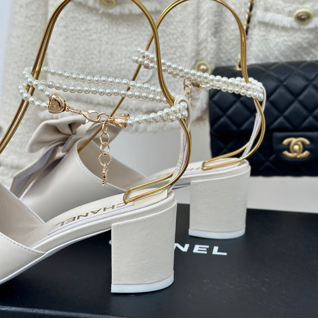 Double C Big Bow Pearl Chain High Sandals White Lambskin