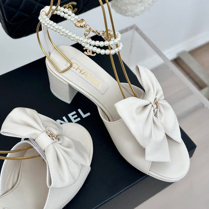 Double C Big Bow Pearl Chain High Sandals White Lambskin