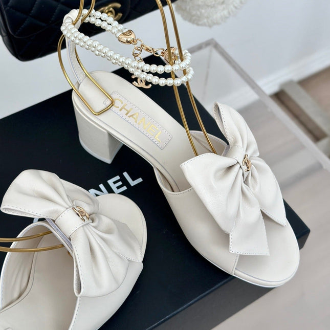 Double C Big Bow Pearl Chain High Sandals White Lambskin