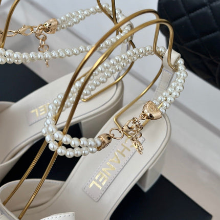 Double C Big Bow Pearl Chain High Sandals White Lambskin