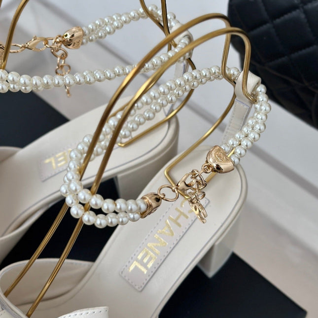 Double C Big Bow Pearl Chain High Sandals White Lambskin