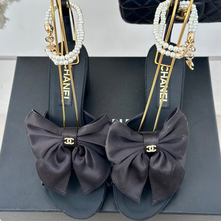 Double C Big Bow Pearl Chain High Sandals Black Lambskin
