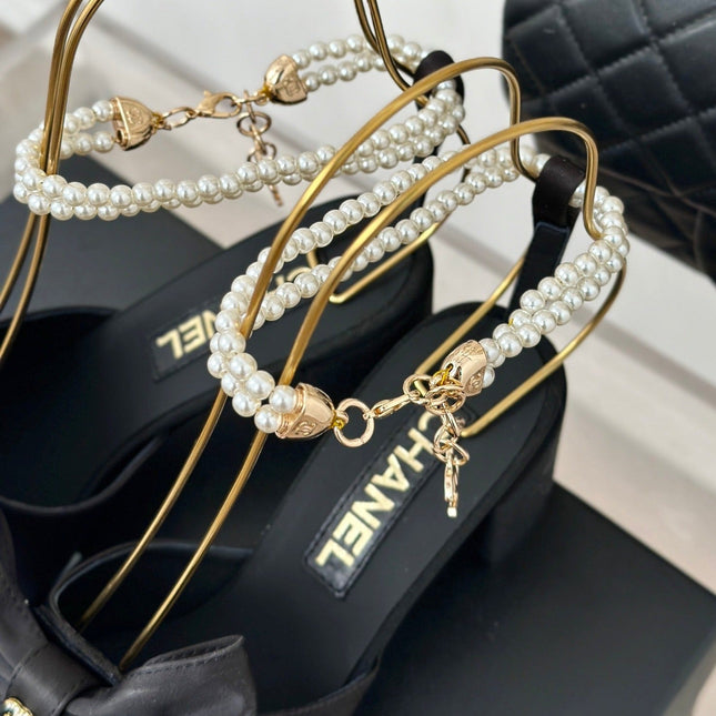 Double C Big Bow Pearl Chain High Sandals Black Lambskin