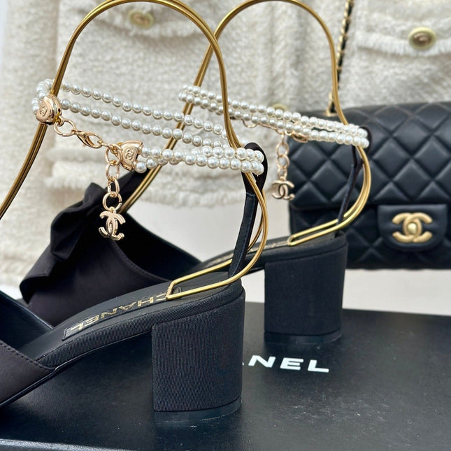 Double C Big Bow Pearl Chain High Sandals Black Lambskin