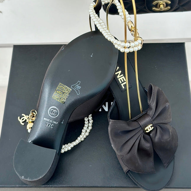 Double C Big Bow Pearl Chain High Sandals Black Lambskin