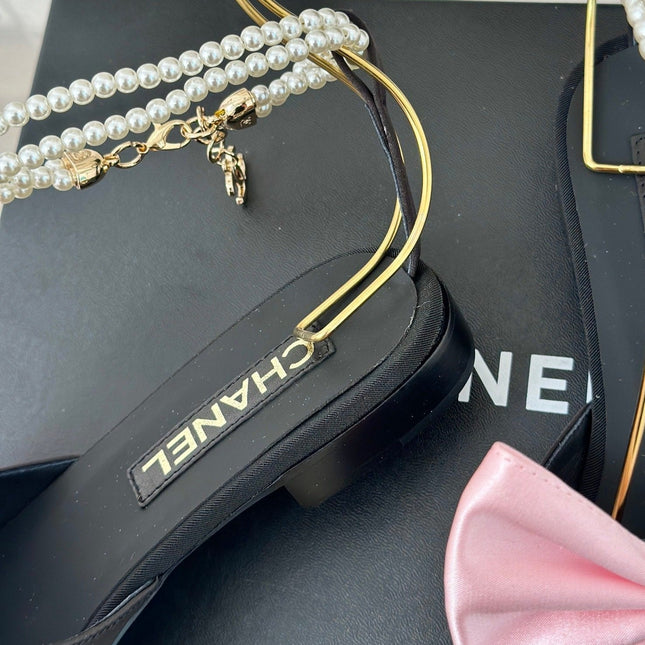 Double C Big Bow Pearl Chain Sandals Light Pink Black Lambskin