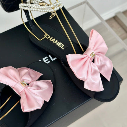 Double C Big Bow Pearl Chain Sandals Light Pink Black Lambskin
