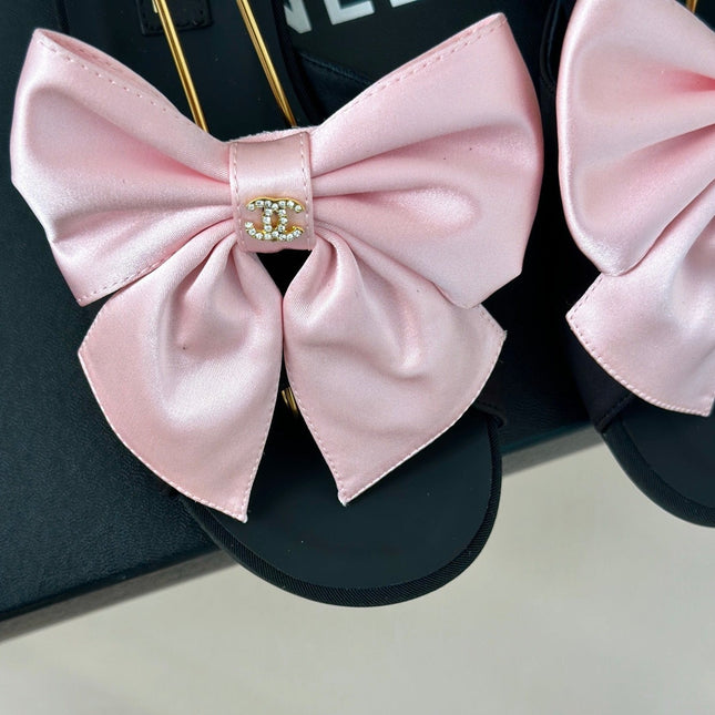 Double C Big Bow Pearl Chain Sandals Light Pink Black Lambskin