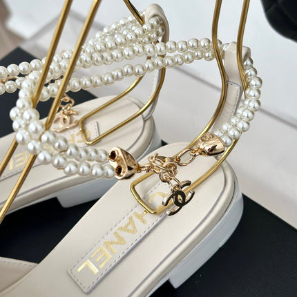 Double C Big Bow Pearl Chain Sandals White Lambskin