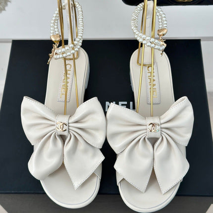Double C Big Bow Pearl Chain Sandals White Lambskin