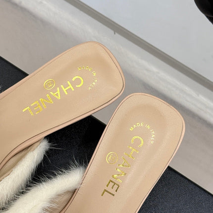 RABBIT FUR POINTED-TOE MULE IN BISQUE BEIGE LAMBSKIN