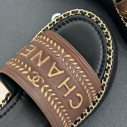 THICK SOLE WEDGE SLIPPERS IN CHOCOLATE BROWN CALFSKIN