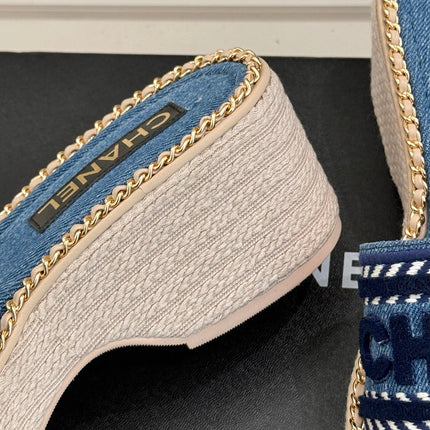 THICK SOLE WEDGE SLIPPERS IN CLASSIC BLUE DENIM FABRIC