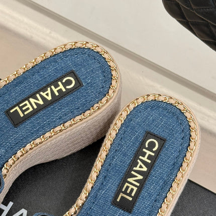 THICK SOLE WEDGE SLIPPERS IN CLASSIC BLUE DENIM FABRIC