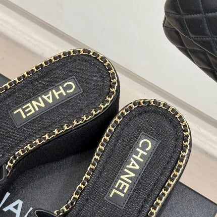 THICK SOLE WEDGE SLIPPERS IN BLACK DENIM FABRIC