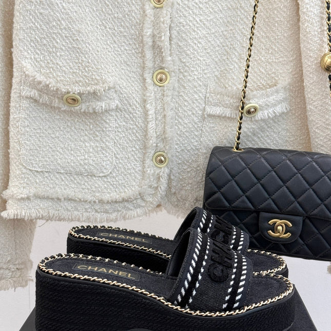 THICK SOLE WEDGE SLIPPERS IN BLACK DENIM FABRIC