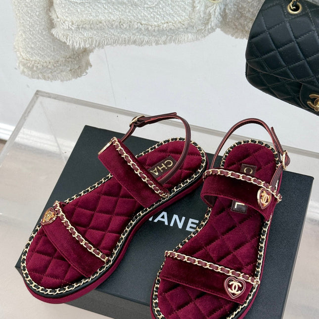 FLAT CHAIN HEART SANDAL IN PLUM PURPLE VELVET