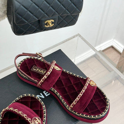 FLAT CHAIN HEART SANDAL IN PLUM PURPLE VELVET