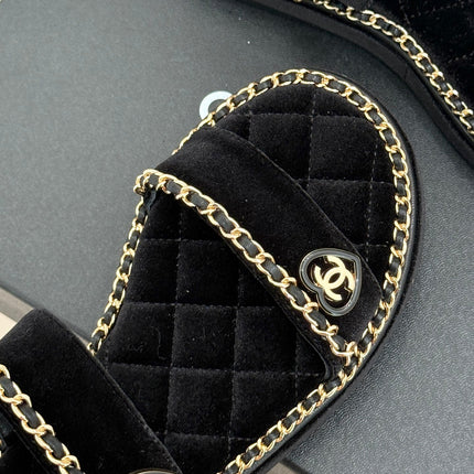 FLAT CHAIN HEART SANDAL IN BLACK VELVET