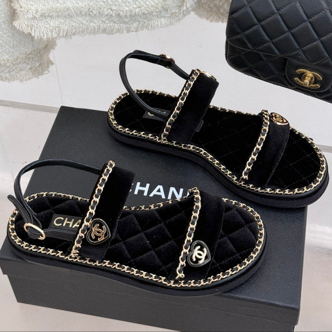 FLAT CHAIN HEART SANDAL IN BLACK VELVET