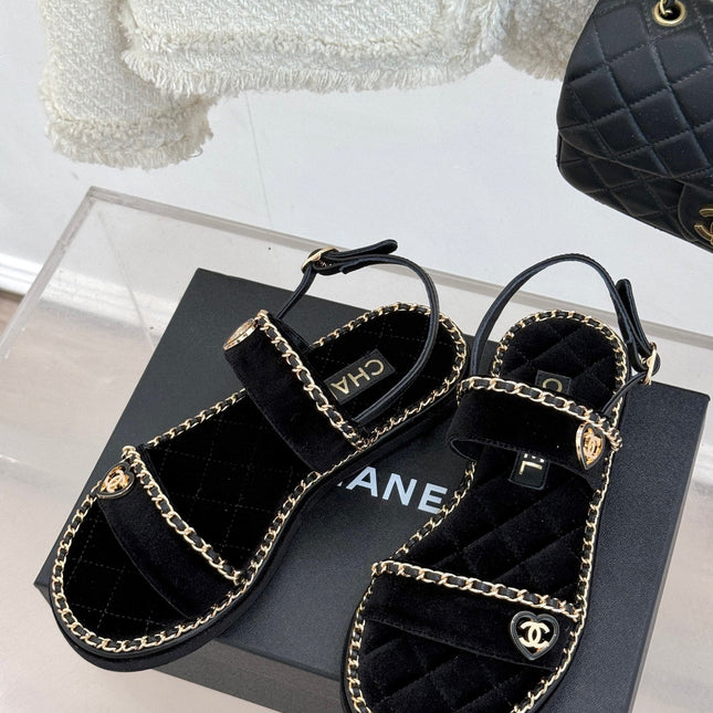 FLAT CHAIN HEART SANDAL IN BLACK VELVET