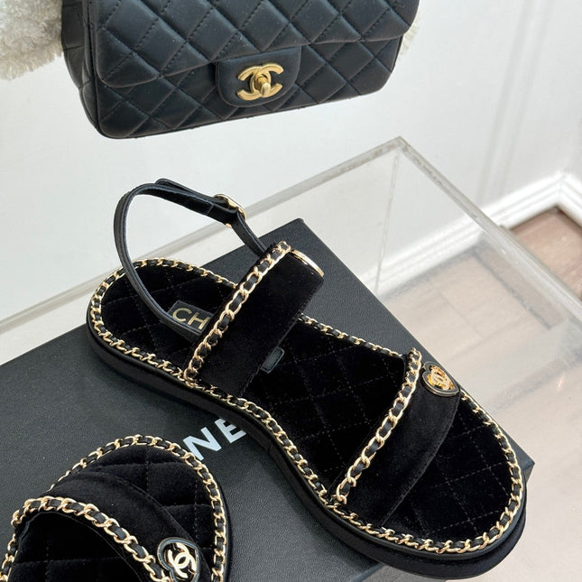FLAT CHAIN HEART SANDAL IN BLACK VELVET