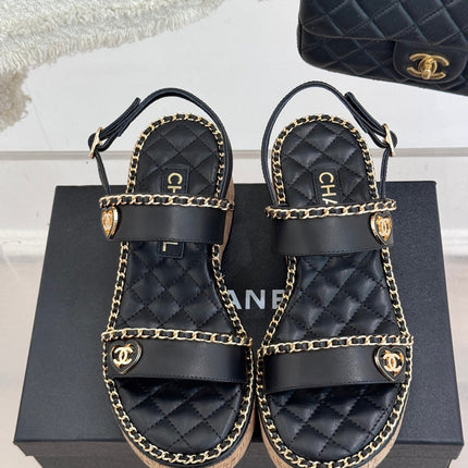 THICK-SOLED CHAIN HEART SANDAL IN BLACK LAMBSKIN
