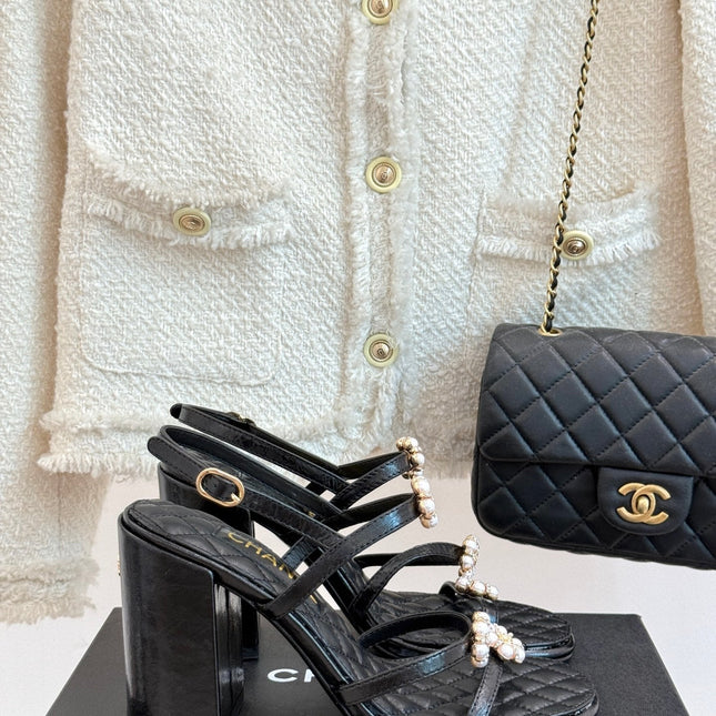 HIGH HEELS SANDAL IN BLACK LAMBSKIN PEARL FLOWERS