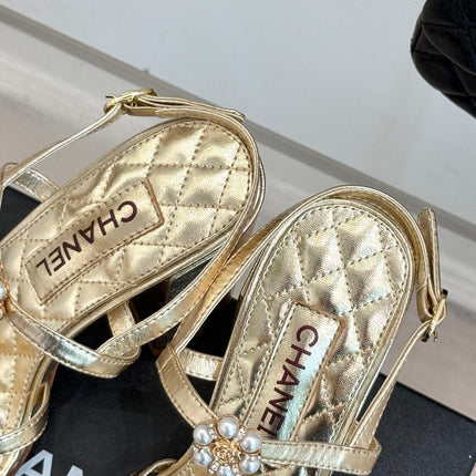 HIGH HEELS SANDAL IN GOLD LAMBSKIN PEARL FLOWERS