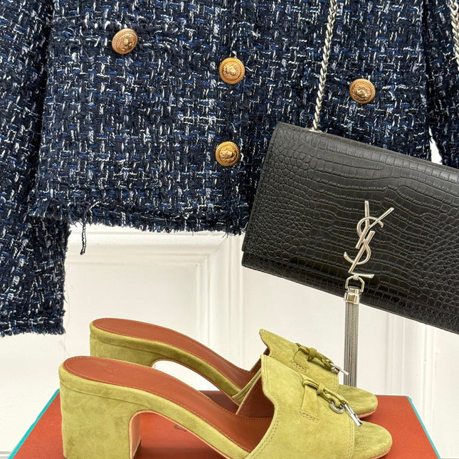 HIGH HEELS IN MOSS YELLOW SUEDE AND LAMBSKIN