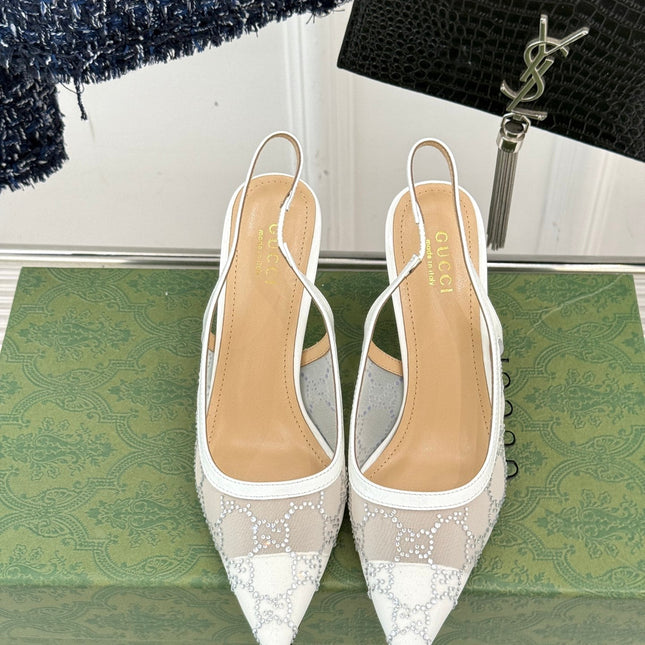 GG HIGH SLINGBACK 8.5 CM IN WHITE CLASSIC POINTED-TOE MESH WITH RHINESTONE EMBELLISHMENTS