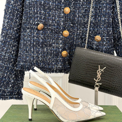 GG HIGH SLINGBACK 8.5 CM IN WHITE CLASSIC POINTED-TOE MESH WITH RHINESTONE EMBELLISHMENTS