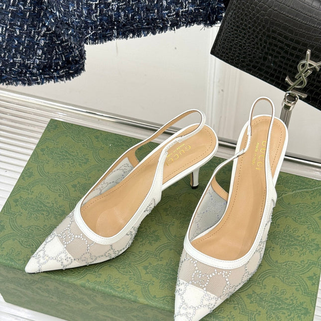 GG HIGH SLINGBACK 8.5 CM IN WHITE CLASSIC POINTED-TOE MESH WITH RHINESTONE EMBELLISHMENTS
