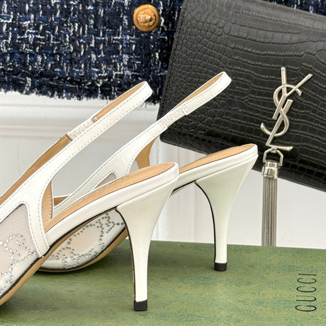 GG HIGH SLINGBACK 8.5 CM IN WHITE CLASSIC POINTED-TOE MESH WITH RHINESTONE EMBELLISHMENTS