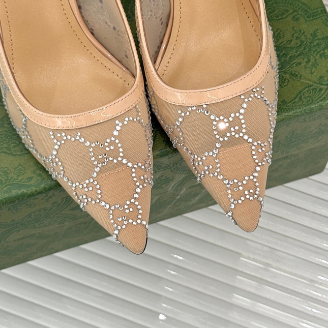 GG HIGH SLINGBACK 8.5 CM IN BEIGE CLASSIC POINTED-TOE MESH WITH RHINESTONE EMBELLISHMENTS