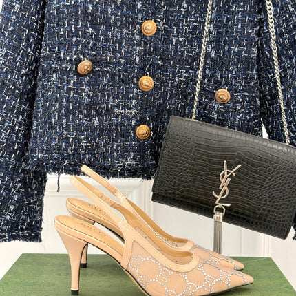 GG HIGH SLINGBACK 8.5 CM IN BEIGE CLASSIC POINTED-TOE MESH WITH RHINESTONE EMBELLISHMENTS