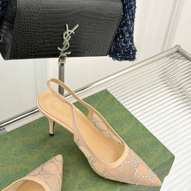 GG HIGH SLINGBACK 8.5 CM IN BEIGE CLASSIC POINTED-TOE MESH WITH RHINESTONE EMBELLISHMENTS