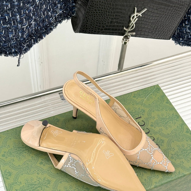 GG HIGH SLINGBACK 8.5 CM IN BEIGE CLASSIC POINTED-TOE MESH WITH RHINESTONE EMBELLISHMENTS