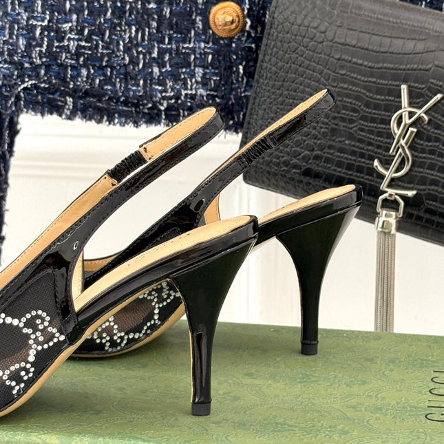 GG HIGH SLINGBACK 8.5 CM IN BLACK CLASSIC POINTED-TOE MESH WITH RHINESTONE EMBELLISHMENTS