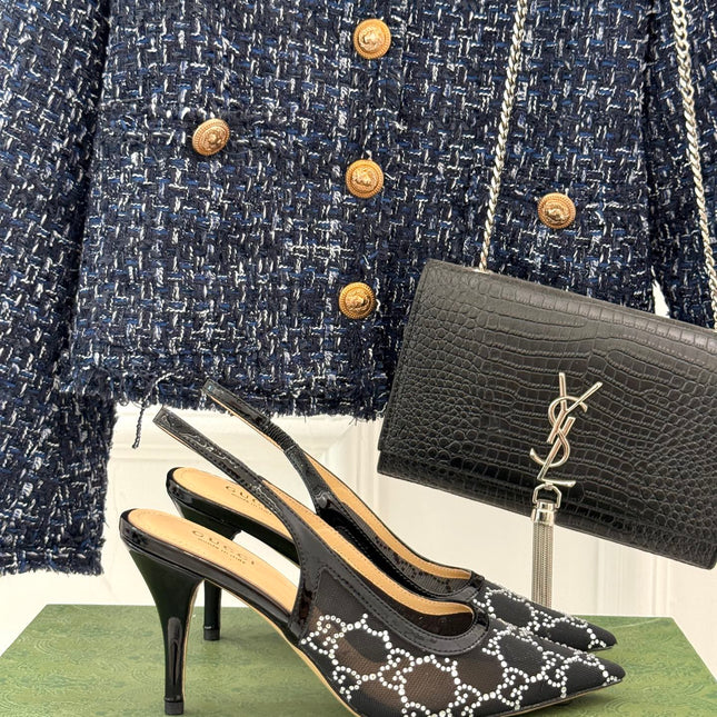 GG HIGH SLINGBACK 8.5 CM IN BLACK CLASSIC POINTED-TOE MESH WITH RHINESTONE EMBELLISHMENTS